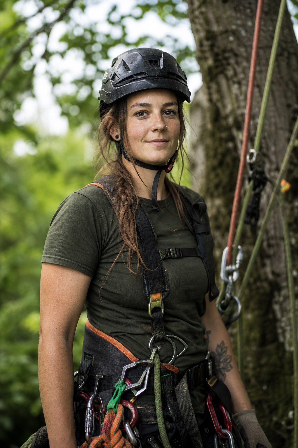 Porträt einer Baumkletterin mit Kletterausrüstung am Baum