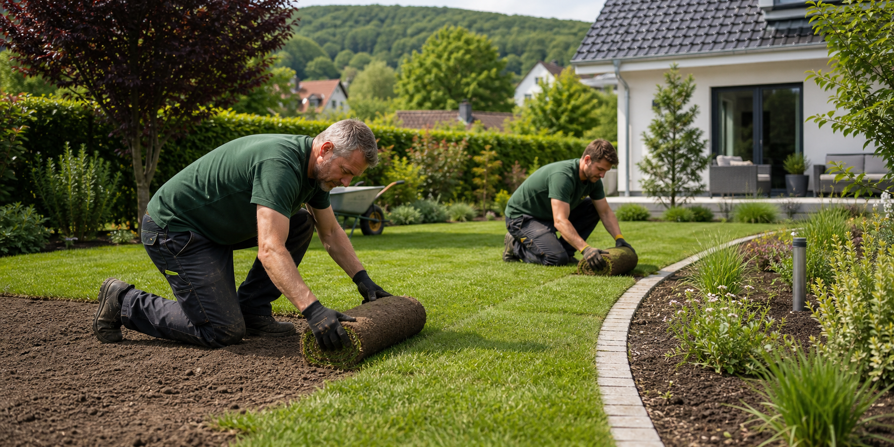 Gartenarbeiten mit Verlegung von frischem Rollrasen im Privatgarten