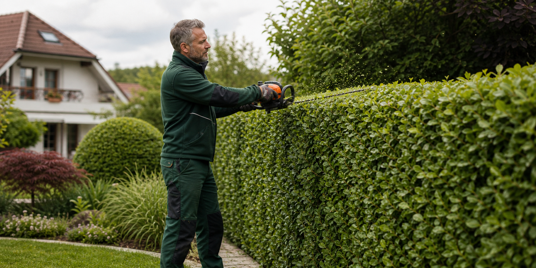 Heckenschnitt an einer dicht gewachsenen Gartenhecke in gepflegter Wohnumgebung