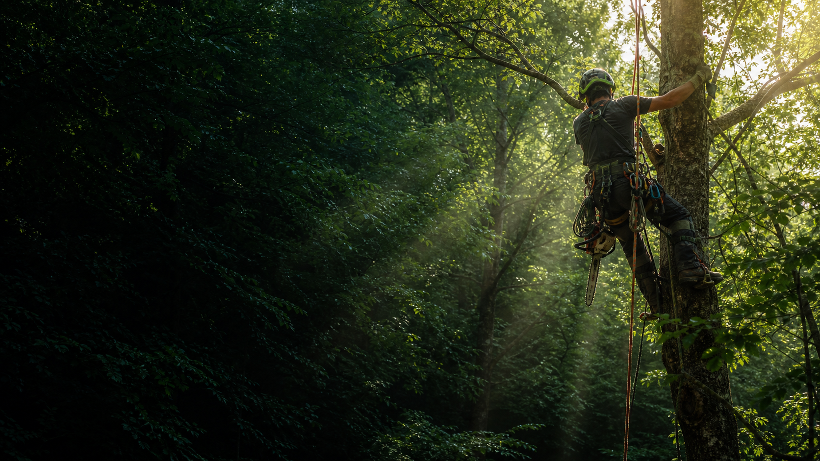 Baumpfleger am Seil in einem dicht belaubten Baum mit grünem Lichtschimmer