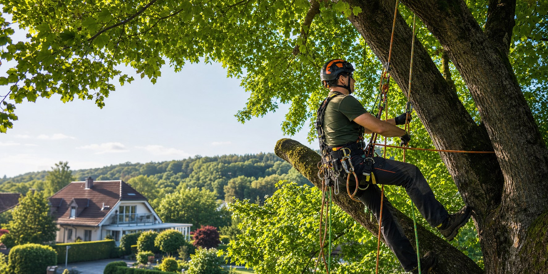 Baumpfleger bei der Arbeit im Baum in einer hellen Wohngegend mit Blick auf Garten und Haus