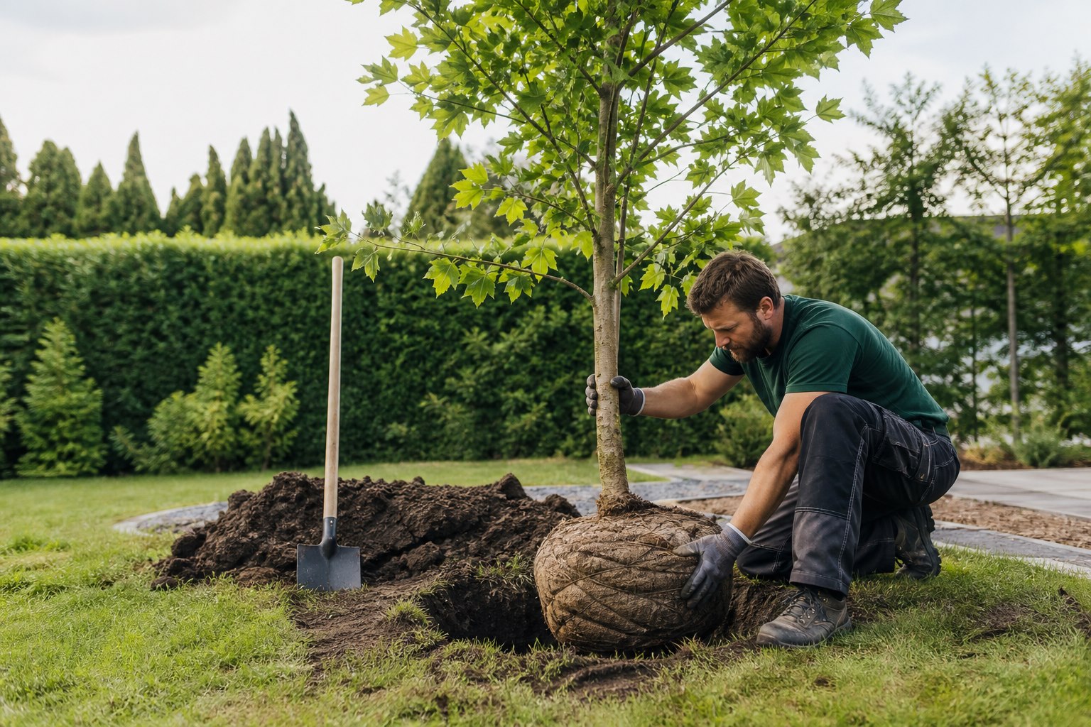 Neupflanzung eines jungen Baumes im Gartenbereich