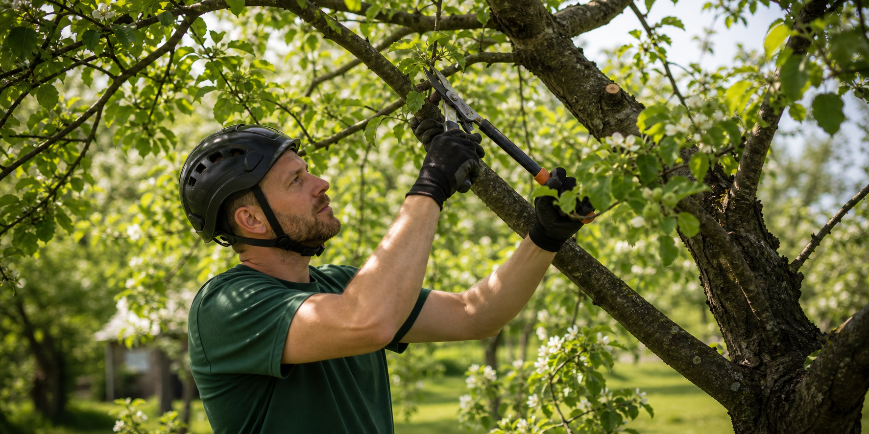 Obstbaumschnitt an einem gepflegten Apfelbaum in einer Obstwiese