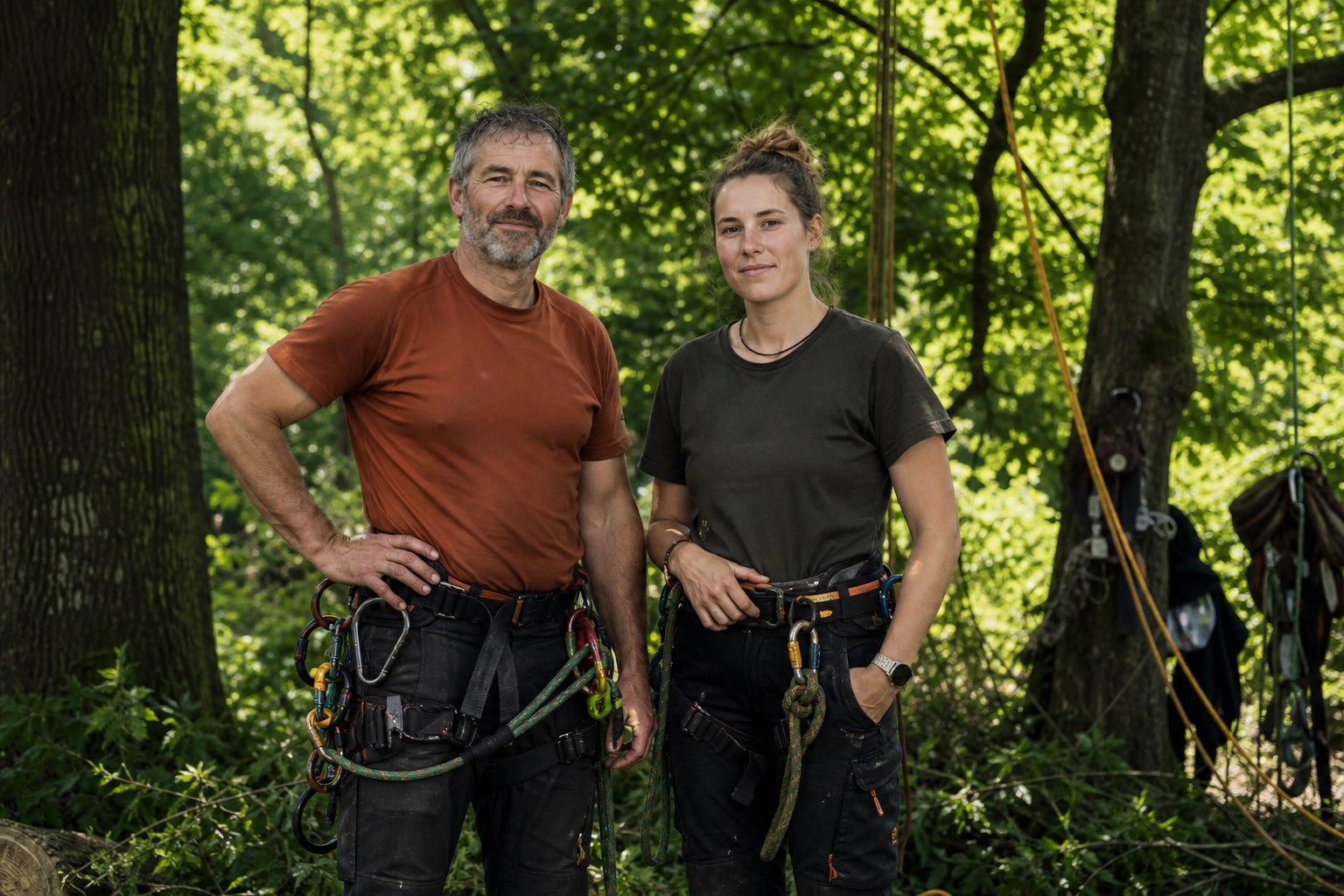 Zwei Arboristen im grünen Arbeitsumfeld mit Kletterausrüstung